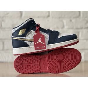 Nike Air Jordan 1 Mid SE Armory Navy Gold Red White FN1353 400 GS 6Y / Women 7.5